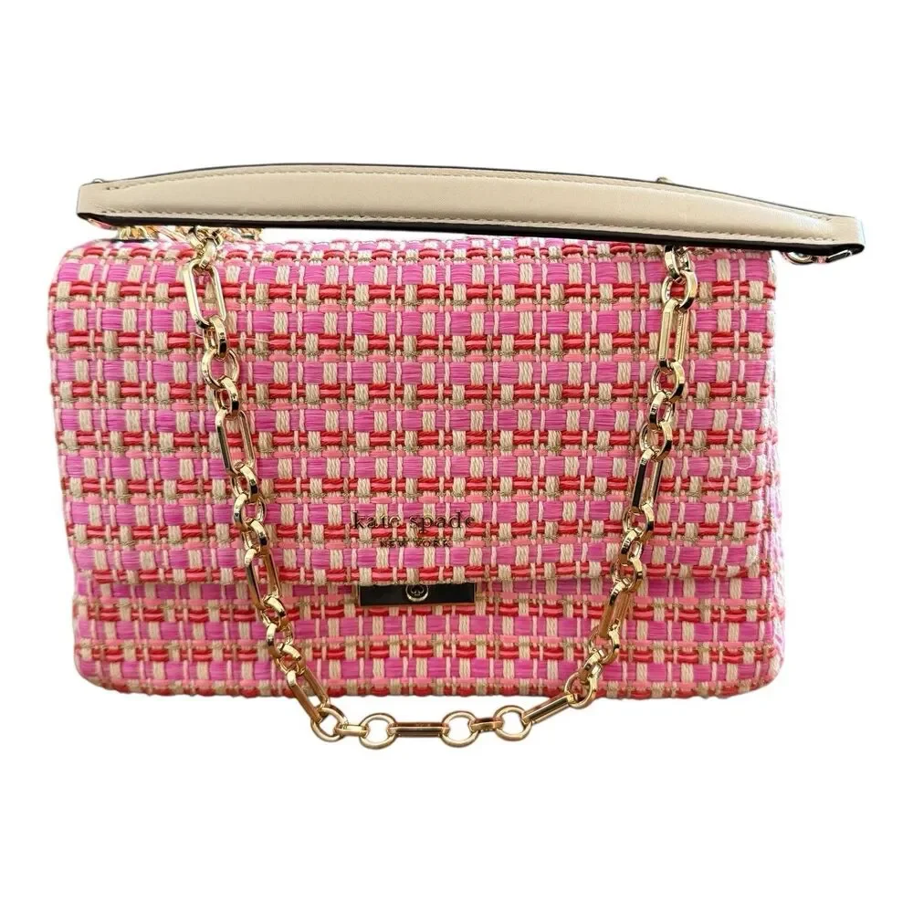 Kate Spade Carlyle Raffia Tweed Medium Shoulder Bag Chain Strap Pink
